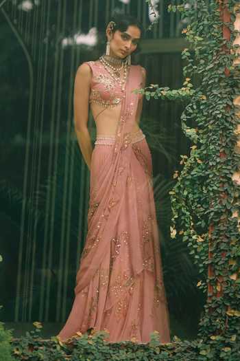 Shop Paulmi And Harsh Pink Organza, Net, Chiffon Reverie Embroidered Pre-draped Saree With Blouse Shop_Paulmi And Harsh_Pink Organza, Net, Chiffon Reverie Embroidered Pre-draped Saree With Blouse