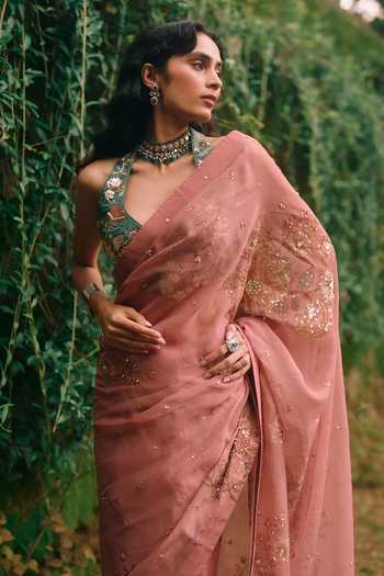 Paulmi And Harsh Pink Organza, Satin Halter Neck Rosy Printed Saree With Blouse Online at Aza Fashions Paulmi And Harsh_Pink Organza, Satin Halter Neck Rosy Printed Saree With Blouse _Online_at_Aza_Fashions