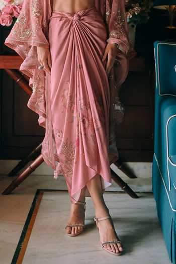 Paulmi And Harsh Pink Organza, Silk, Cotton Sweetheart Neck Rosin Embroidered Cape Skirt Set Online at Aza Fashions Paulmi And Harsh_Pink Organza, Silk, Cotton Sweetheart Neck Rosin Embroidered Cape Skirt Set _Online_at_Aza_Fashions