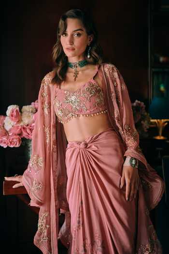 Buy Paulmi And Harsh Pink Organza, Silk, Cotton Sweetheart Neck Rosin Embroidered Cape Skirt Set Online at Aza Fashions Buy_Paulmi And Harsh_Pink Organza, Silk, Cotton Sweetheart Neck Rosin Embroidered Cape Skirt Set _Online_at_Aza_Fashions