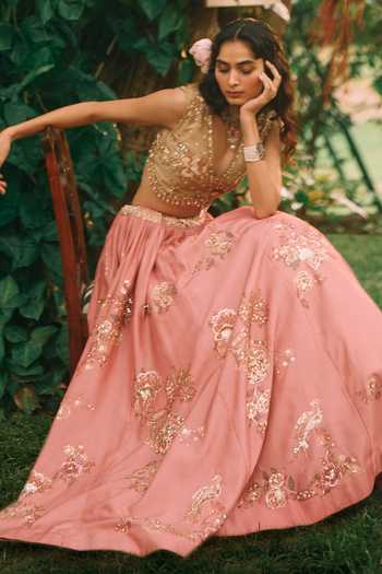 Paulmi And Harsh_Pink Satin, Organza V-neck Rosewood Printed Lehenga Set _Online_at_Aza_Fashions