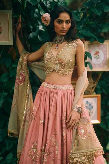 Buy_Paulmi And Harsh_Pink Satin, Organza V-neck Rosewood Printed Lehenga Set _Online_at_Aza_Fashions