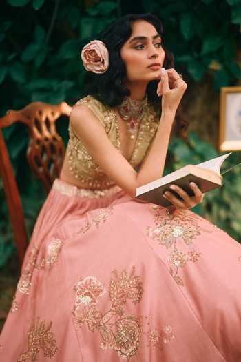 Shop_Paulmi And Harsh_Pink Satin, Organza V-neck Rosewood Printed Lehenga Set _Online_at_Aza_Fashions