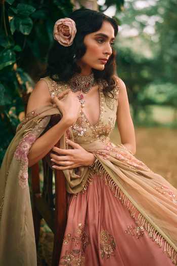 Paulmi And Harsh_Pink Satin, Organza V-neck Rosewood Printed Lehenga Set _at_Aza_Fashions