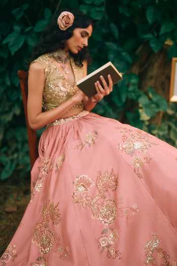 Buy_Paulmi And Harsh_Pink Satin, Organza V-neck Rosewood Printed Lehenga Set 
