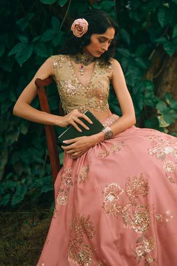 Shop_Paulmi And Harsh_Pink Satin, Organza V-neck Rosewood Printed Lehenga Set 
