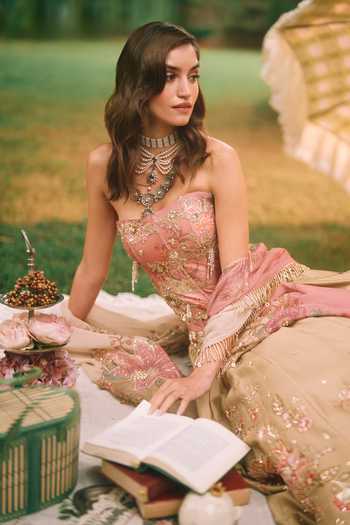 Paulmi And Harsh Green Shantoon, Organza Embroidery, Zari Bandeau Keepsake Corset Lehenga Set at Aza Fashions Paulmi And Harsh_Green Shantoon, Organza Embroidery, Zari Bandeau Keepsake Corset Lehenga Set _at_Aza_Fashions