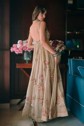 Shop Paulmi And Harsh Beige Organza Scoop Neck Zelda Printed Anarkali at Aza Fashions Shop_Paulmi And Harsh_Beige Organza Scoop Neck Zelda Printed Anarkali _at_Aza_Fashions
