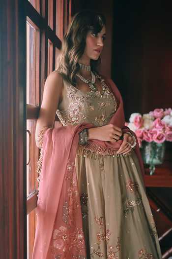 Paulmi And Harsh Beige Organza Scoop Neck Zelda Printed Anarkali at Aza Fashions Paulmi And Harsh_Beige Organza Scoop Neck Zelda Printed Anarkali _at_Aza_Fashions