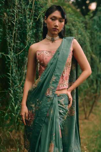 Paulmi And Harsh_Green Organza Embroidery, Tassels Bandeau Neck Rosy Saree With Corset _Online_at_Aza_Fashions