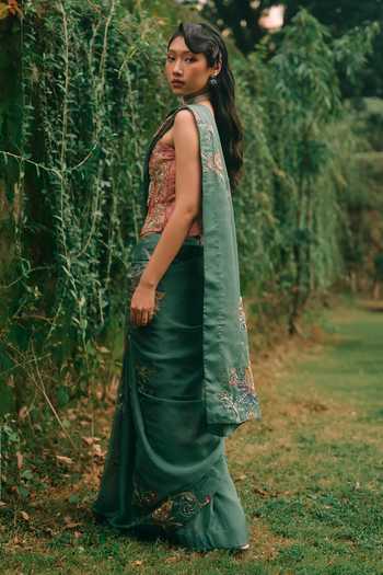 Buy_Paulmi And Harsh_Green Organza Embroidery, Tassels Bandeau Neck Rosy Saree With Corset _Online_at_Aza_Fashions