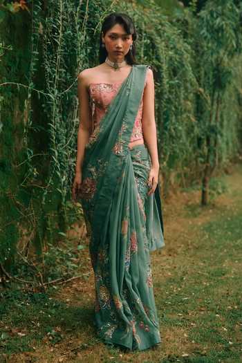 Shop_Paulmi And Harsh_Green Organza Embroidery, Tassels Bandeau Neck Rosy Saree With Corset _Online_at_Aza_Fashions
