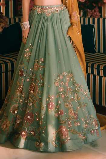 Buy Paulmi And Harsh Green Organza, Satin, Lace V-neck Ciel Leaf Print Lehenga Set Online at Aza Fashions Buy_Paulmi And Harsh_Green Organza, Satin, Lace V-neck Ciel Leaf Print Lehenga Set _Online_at_Aza_Fashions