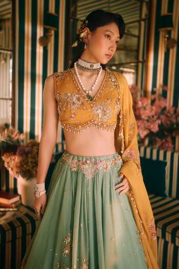 Shop Paulmi And Harsh Green Organza, Satin, Lace V-neck Ciel Leaf Print Lehenga Set Online at Aza Fashions Shop_Paulmi And Harsh_Green Organza, Satin, Lace V-neck Ciel Leaf Print Lehenga Set _Online_at_Aza_Fashions