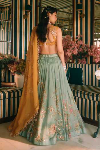 Paulmi And Harsh Ciel Leaf Print Lehenga Set