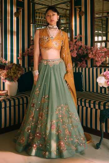 Paulmi And Harsh Ciel Leaf Print Lehenga Set