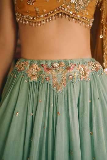Buy Paulmi And Harsh Green Organza, Satin, Lace V-neck Ciel Leaf Print Lehenga Set Buy_Paulmi And Harsh_Green Organza, Satin, Lace V-neck Ciel Leaf Print Lehenga Set