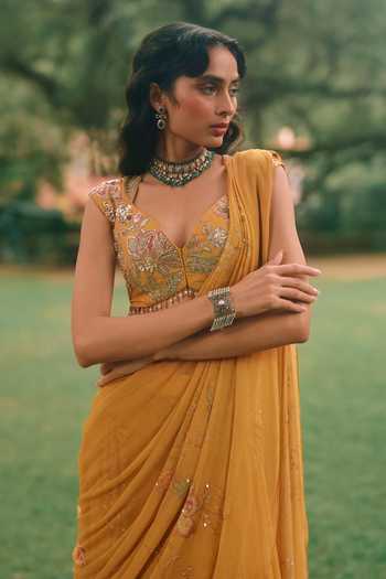 Paulmi And Harsh_Yellow Shantoon, Net, Chiffon V-neck Etta Pleated Pre-draped Saree With Blouse _Online_at_Aza_Fashions