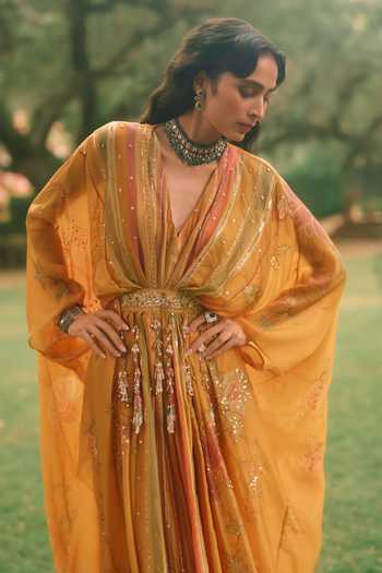 Paulmi And Harsh Yellow Net, Silk Organza V-neck Elin Floral Print Kaftan Online at Aza Fashions Paulmi And Harsh_Yellow Net, Silk Organza V-neck Elin Floral Print Kaftan _Online_at_Aza_Fashions