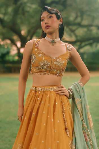 Paulmi And Harsh_Yellow Organza, Net, Satin Leaf Neck Elinor Printed Lehenga Set _Online_at_Aza_Fashions