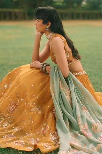 Buy_Paulmi And Harsh_Yellow Organza, Net, Satin Leaf Neck Elinor Printed Lehenga Set _Online_at_Aza_Fashions