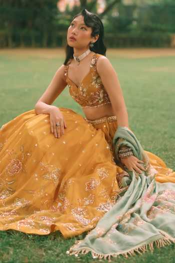 Shop_Paulmi And Harsh_Yellow Organza, Net, Satin Leaf Neck Elinor Printed Lehenga Set _Online_at_Aza_Fashions
