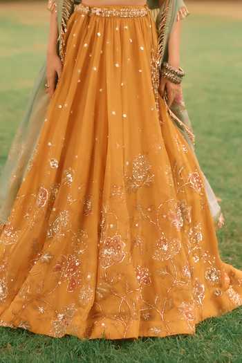 Paulmi And Harsh_Yellow Organza, Net, Satin Leaf Neck Elinor Printed Lehenga Set _at_Aza_Fashions