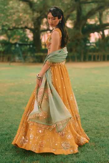 Buy_Paulmi And Harsh_Yellow Organza, Net, Satin Leaf Neck Elinor Printed Lehenga Set 