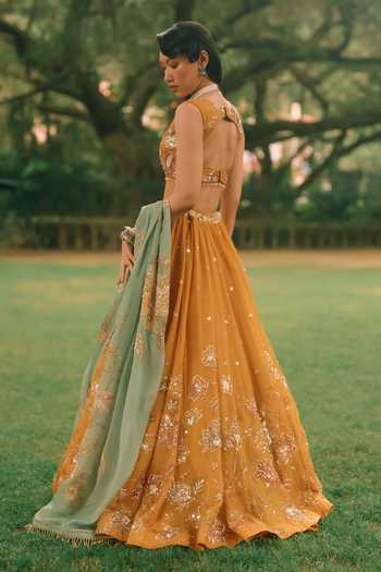 Shop_Paulmi And Harsh_Yellow Organza, Net, Satin Leaf Neck Elinor Printed Lehenga Set 