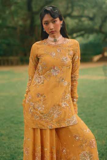 Paulmi And Harsh_Yellow Organza Embroidery, Sequins, Zari Round Neck, Yes Leonara Kurta Set _Online_at_Aza_Fashions