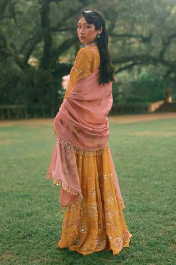 Shop_Paulmi And Harsh_Yellow Organza Embroidery, Sequins, Zari Round Neck, Yes Leonara Kurta Set _Online_at_Aza_Fashions