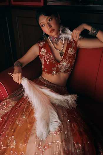 Paulmi And Harsh_Multicolor Organza, Net, Satin V-neck Pearlie Embroidered Lehenga Set _Online_at_Aza_Fashions