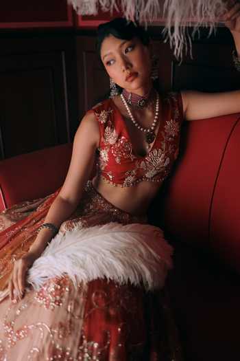 Buy_Paulmi And Harsh_Multicolor Organza, Net, Satin V-neck Pearlie Embroidered Lehenga Set _Online_at_Aza_Fashions