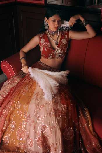 Shop_Paulmi And Harsh_Multicolor Organza, Net, Satin V-neck Pearlie Embroidered Lehenga Set _Online_at_Aza_Fashions