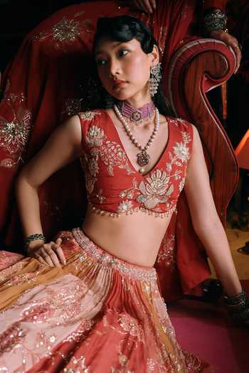 Paulmi And Harsh_Multicolor Organza, Net, Satin V-neck Pearlie Embroidered Lehenga Set _at_Aza_Fashions