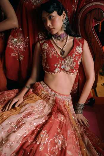 Buy_Paulmi And Harsh_Multicolor Organza, Net, Satin V-neck Pearlie Embroidered Lehenga Set 