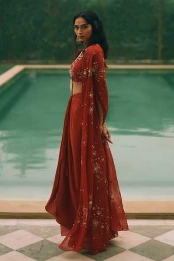 Buy_Paulmi And Harsh_Maroon Organza, Satin, Crepe Sweetheart Neck Marianne Printed Cape Skirt Set _Online_at_Aza_Fashions