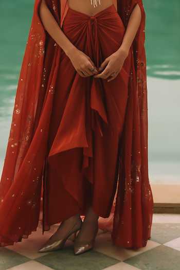 Shop_Paulmi And Harsh_Maroon Organza, Satin, Crepe Sweetheart Neck Marianne Printed Cape Skirt Set _Online_at_Aza_Fashions