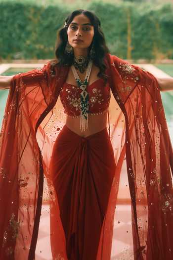 Paulmi And Harsh_Maroon Organza, Satin, Crepe Sweetheart Neck Marianne Printed Cape Skirt Set _at_Aza_Fashions