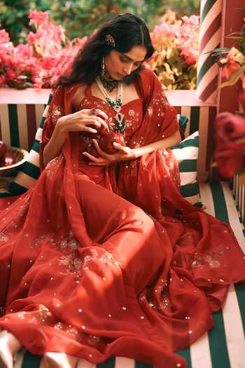 Shop_Paulmi And Harsh_Maroon Organza, Satin, Crepe Sweetheart Neck Marianne Printed Cape Skirt Set 