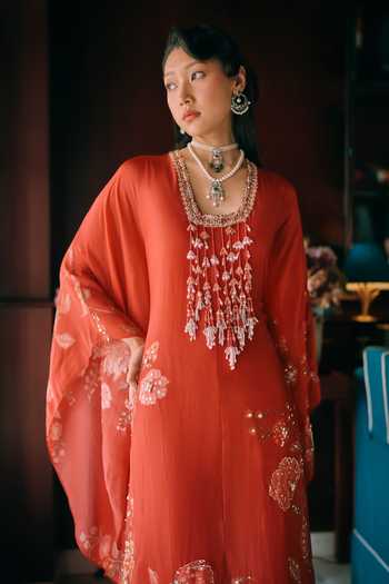 Paulmi And Harsh Orange Net, Silk Organza Square Neck Raye Flower Print Kaftan Online at Aza Fashions Paulmi And Harsh_Orange Net, Silk Organza Square Neck Raye Flower Print Kaftan _Online_at_Aza_Fashions
