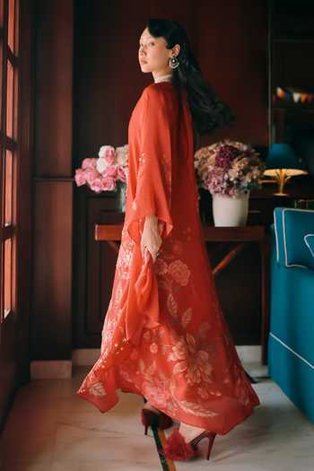 Buy Paulmi And Harsh Orange Net, Silk Organza Square Neck Raye Flower Print Kaftan Online at Aza Fashions Buy_Paulmi And Harsh_Orange Net, Silk Organza Square Neck Raye Flower Print Kaftan _Online_at_Aza_Fashions