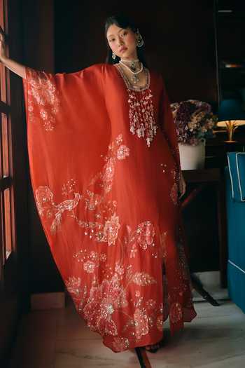 Shop Paulmi And Harsh Orange Net, Silk Organza Square Neck Raye Flower Print Kaftan Online at Aza Fashions Shop_Paulmi And Harsh_Orange Net, Silk Organza Square Neck Raye Flower Print Kaftan _Online_at_Aza_Fashions