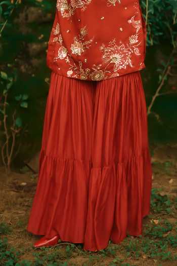 Paulmi And Harsh_Orange Silk, Cotton, Organza V-neck, Yes Elsie Printed Kurta With Sharara _Online_at_Aza_Fashions