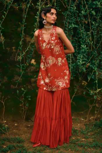 Buy_Paulmi And Harsh_Orange Silk, Cotton, Organza V-neck, Yes Elsie Printed Kurta With Sharara _Online_at_Aza_Fashions