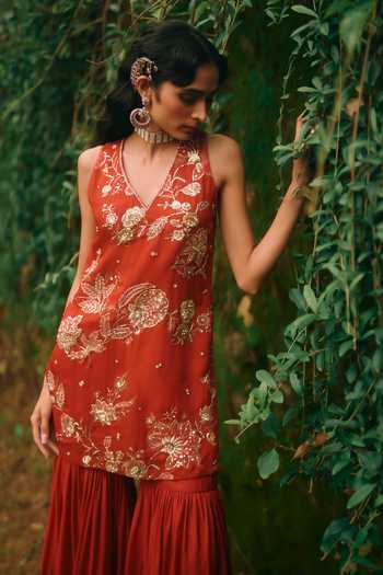 Shop_Paulmi And Harsh_Orange Silk, Cotton, Organza V-neck, Yes Elsie Printed Kurta With Sharara _Online_at_Aza_Fashions