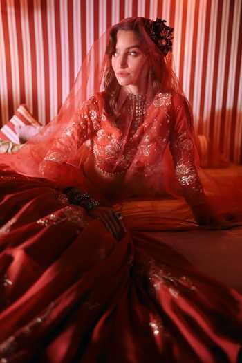 Buy_Paulmi And Harsh_Orange Organza, Satin, Net High Wish Printed And Embroidered Bridal Lehenga Set _Online_at_Aza_Fashions