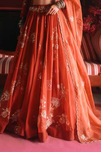 Shop_Paulmi And Harsh_Orange Organza, Satin, Net High Wish Printed And Embroidered Bridal Lehenga Set _Online_at_Aza_Fashions