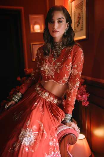 Paulmi And Harsh_Orange Organza, Satin, Net High Wish Printed And Embroidered Bridal Lehenga Set _at_Aza_Fashions