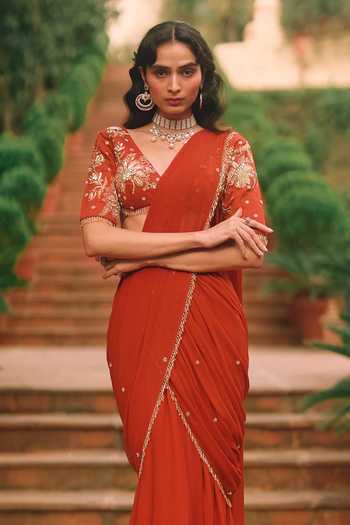 Buy_Paulmi And Harsh_Red Organza, Georgette V-neck Kaia Embroidered Pre-draped Saree Set With Belt _Online_at_Aza_Fashions